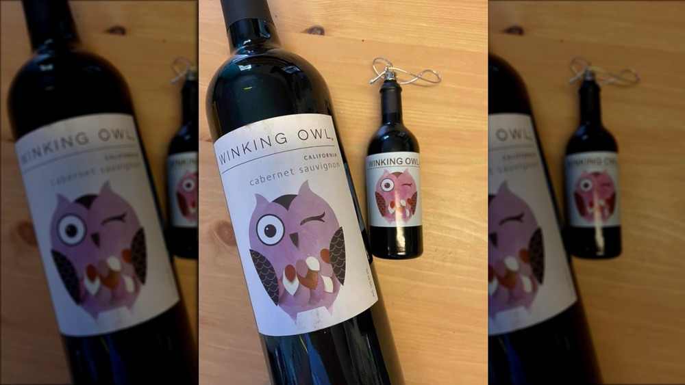 Winking Owl ornament and wine bottle