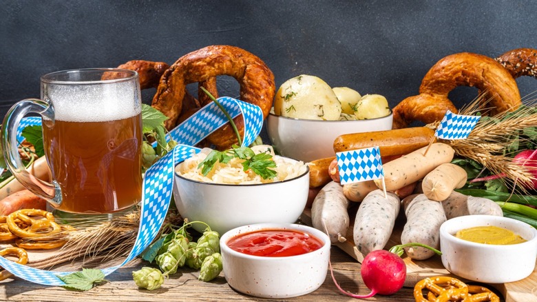 Oktoberfest foods including beer and sausage