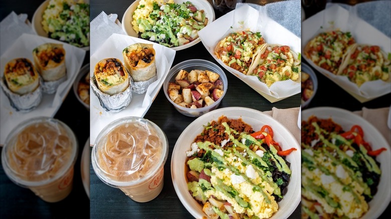 Various dishes from Anna's Taqueria on restaurant table.