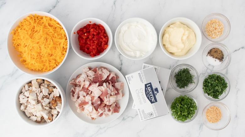 Ingredients for pimento chicken bacon ranch dip