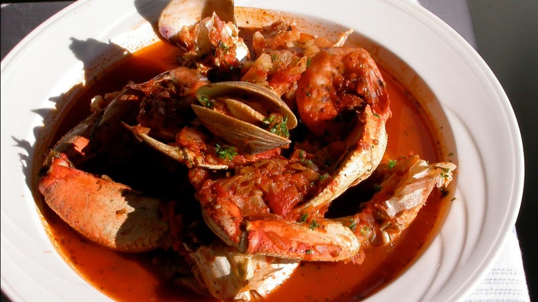 Crab cioppino on white plate