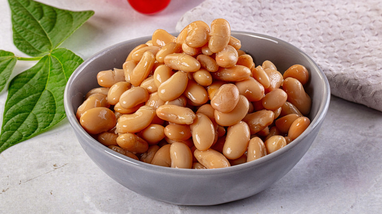 Gray ceramic bowl of white beans on kitchen counter.