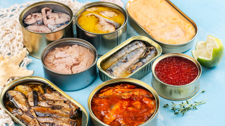 Open tins of assorted fish