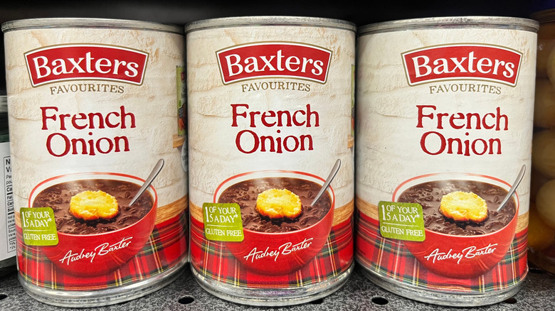 Three cans of French onion soup.