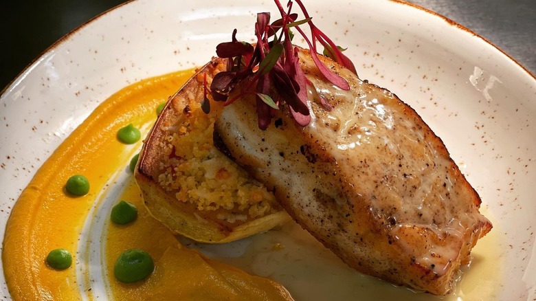 Plate of pan-seared halibut with couscous-stuffed squash