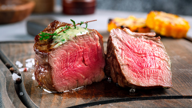 Grilled filet mignon cut into two pieces