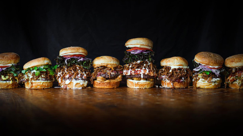 Row of deluxe burgers from Yaks on the 5