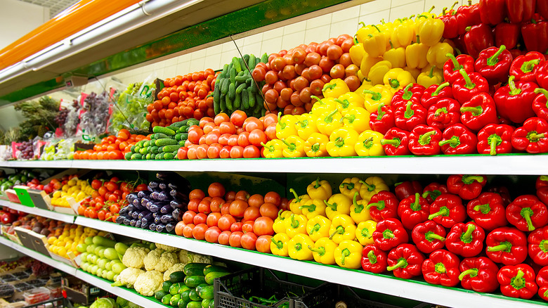 Rows of stacked produce at a grocery store