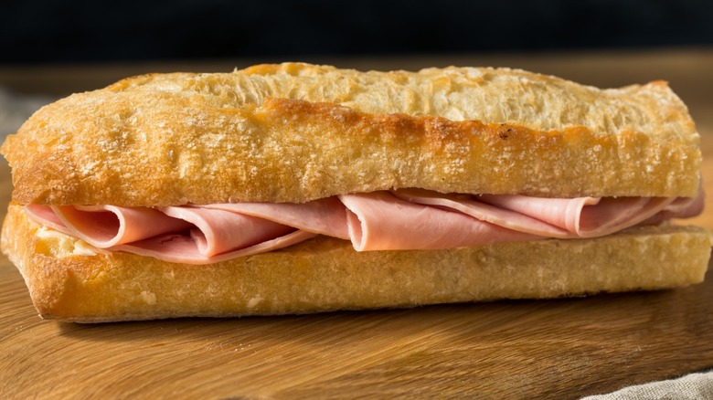 Jambon beurre sandwich with butter and ham in a baguette