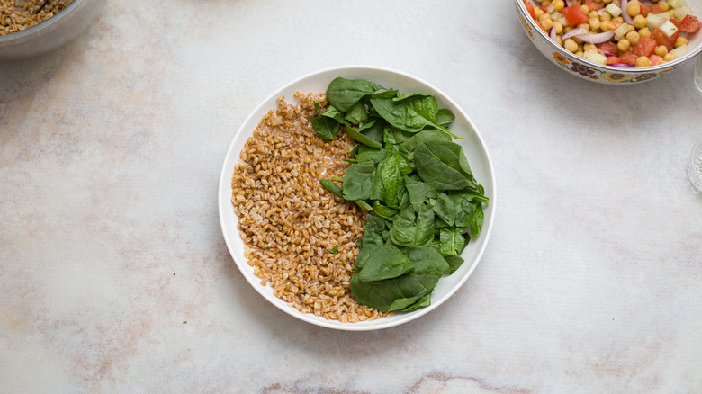partially-made grain bowl on table