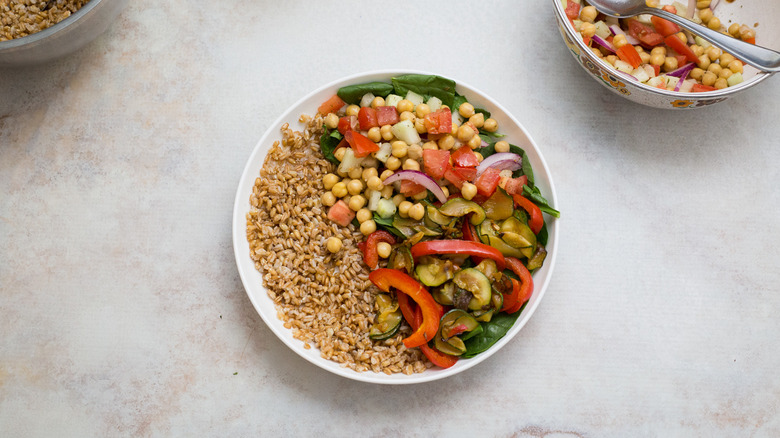 partially-made grain bowl on table