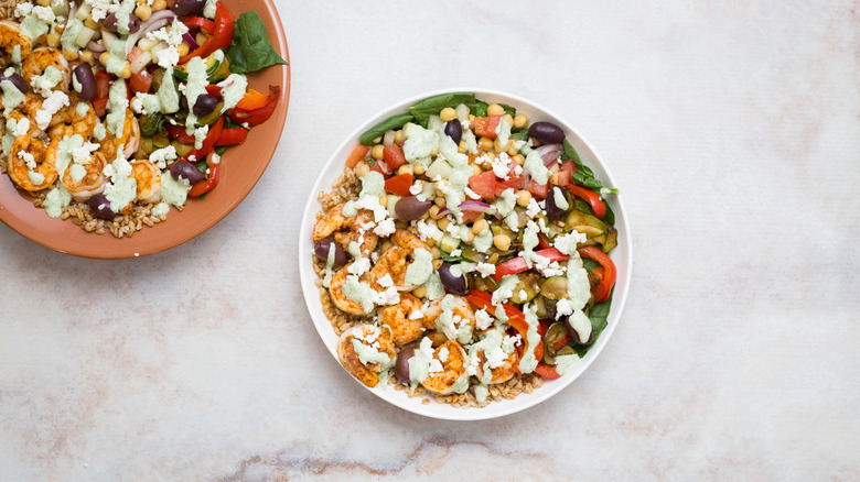 colorful shrimp bowls on table