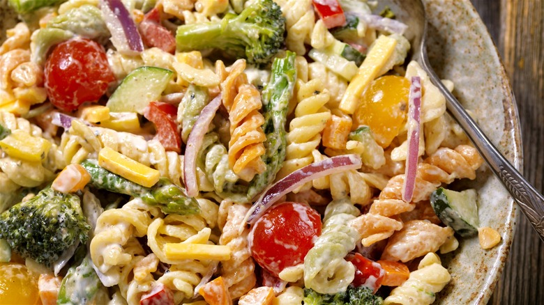 Creamy pasta salad in a bowl.