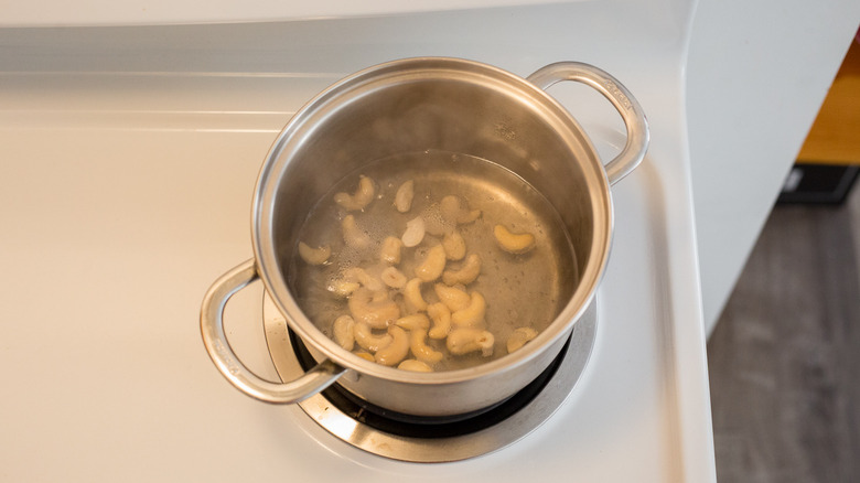 raw cashews in medium pot