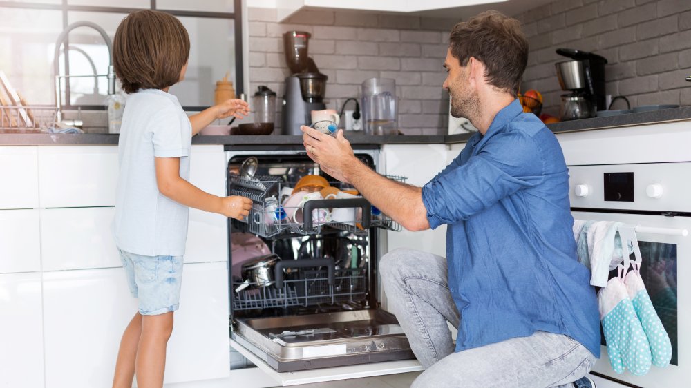 Father and son doing the dishes