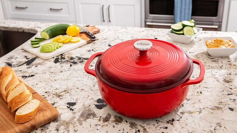 Red Dutch oven on counter