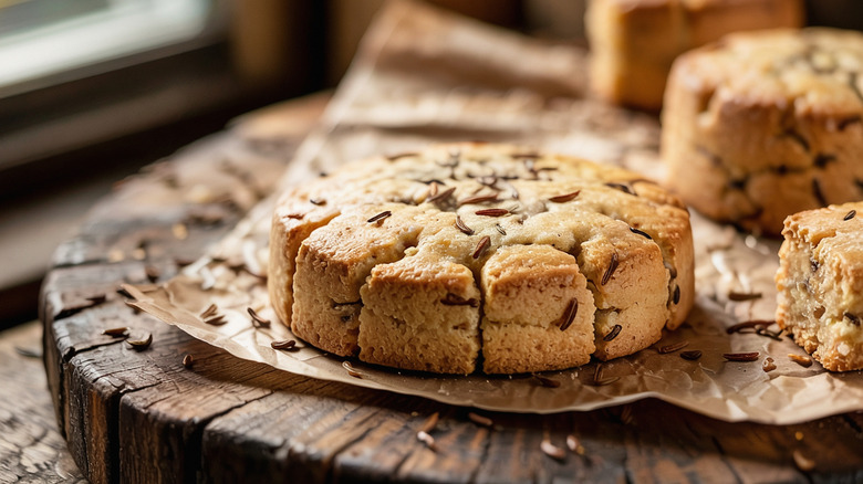 caraway seed cake on paper and rustic wood