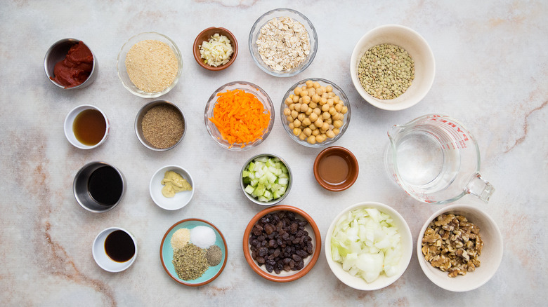 Vegan lentil meatloaf ingredients on table
