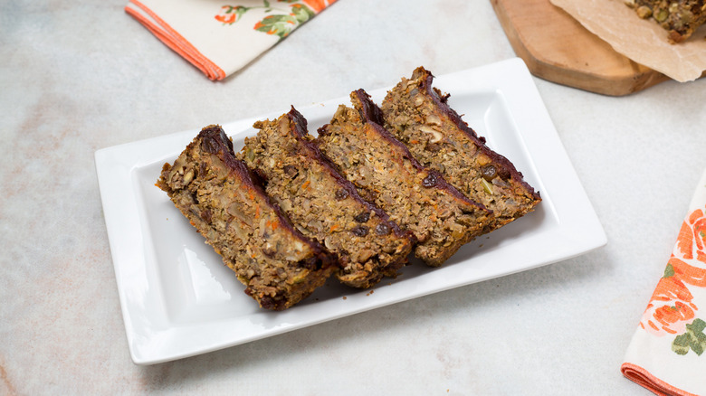 sliced lentil loaf on table