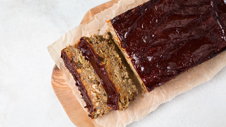 sliced lentil loaf on table