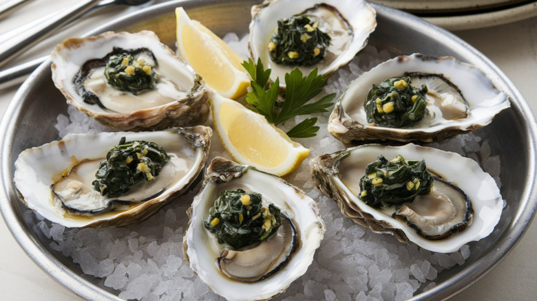 Metal dish of oysters with lemon wedges and garnish