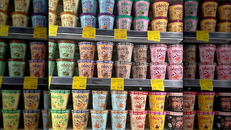 Various flavors of Alec's ice cream in freezer shelf