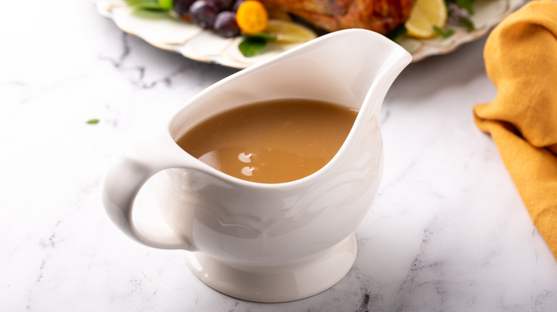 Gravy in white gravy boat