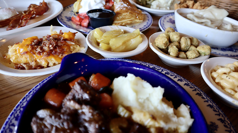 various cracker barrel dishes on a table