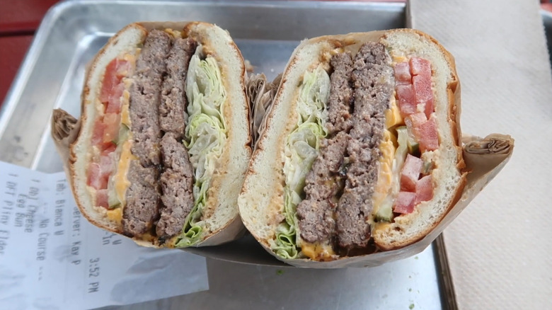 Gott's double cheeseburger split in half