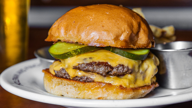 Plated double cheeseburger from H&F Burger