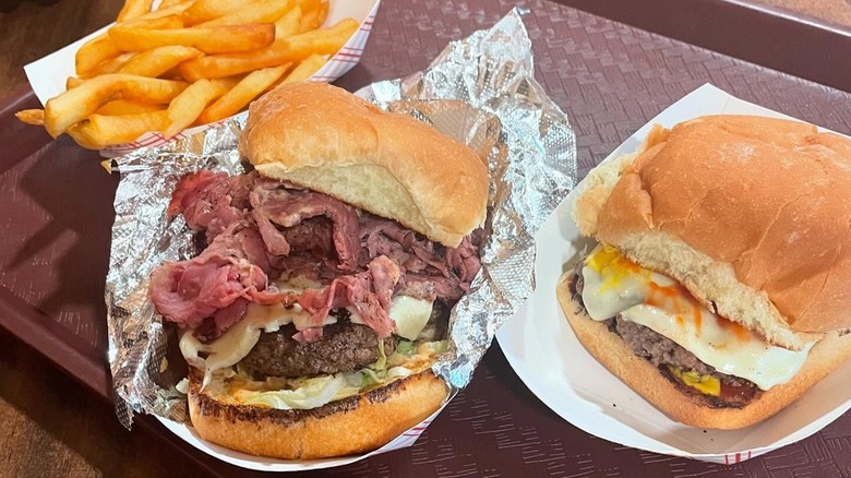 Burgers on tray from Papa Joe's