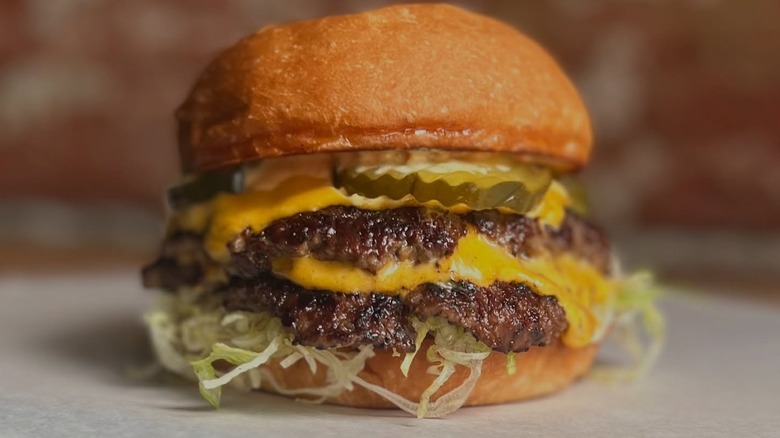 Close-up of the Double, Double burger at Tulip Shop Tavern