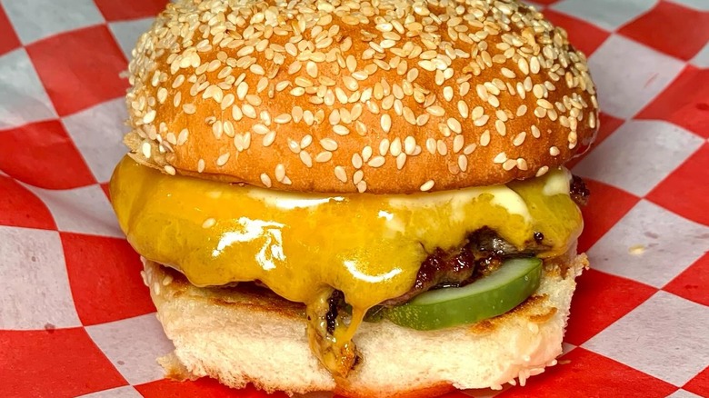 Close-up of juicy cheeseburger