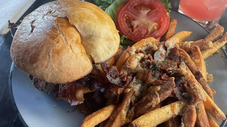 Burger with fries on plate