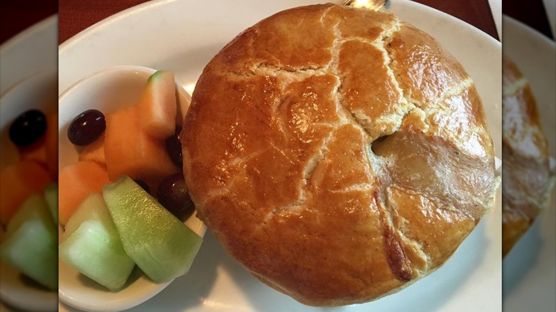 Claim Jumper chicken pot pie and fruit salad