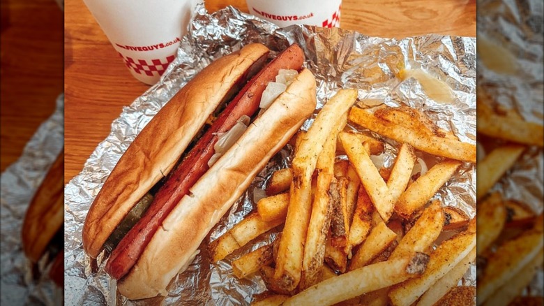 Five Guys hot dog with fries and drink
