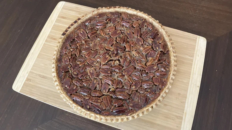 Costco pecan pie on a cutting board