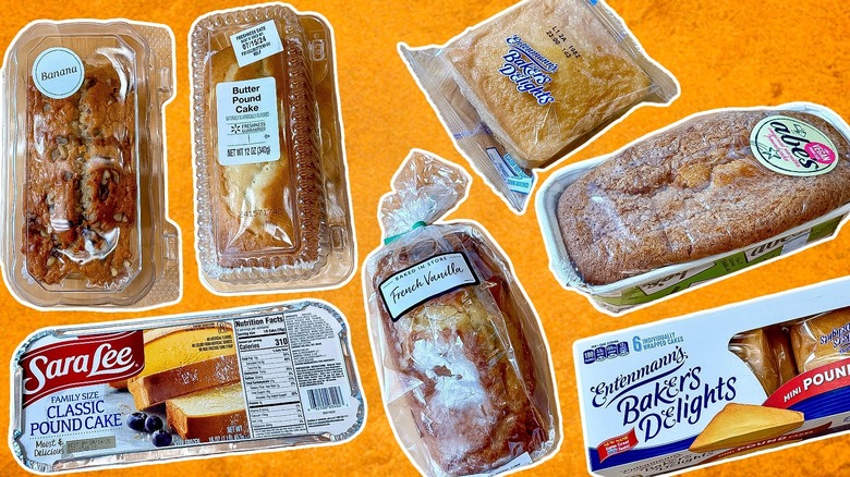 Various store-bought pound cakes against orange background