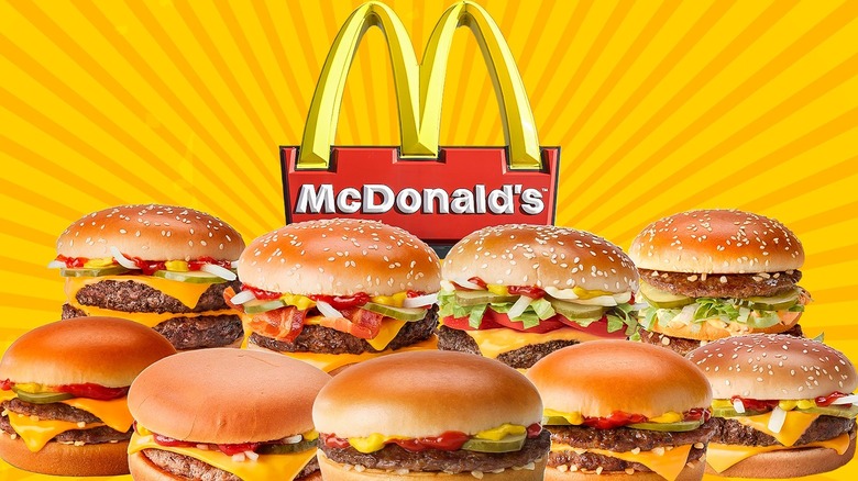 McDonald's burgers in front of logo