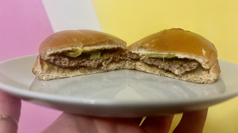 Close-up of sliced McDonald's hamburger