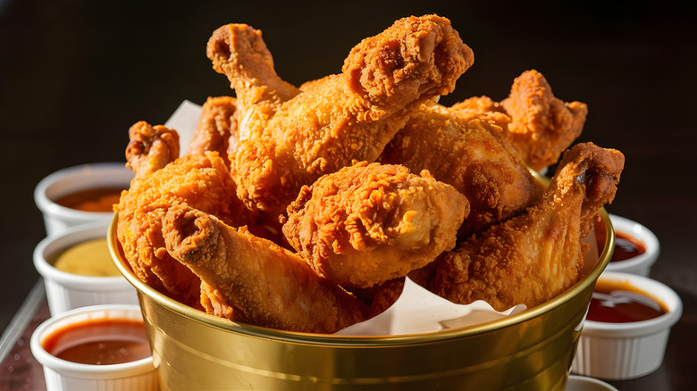 A bucket of fried chicken with sauces in background