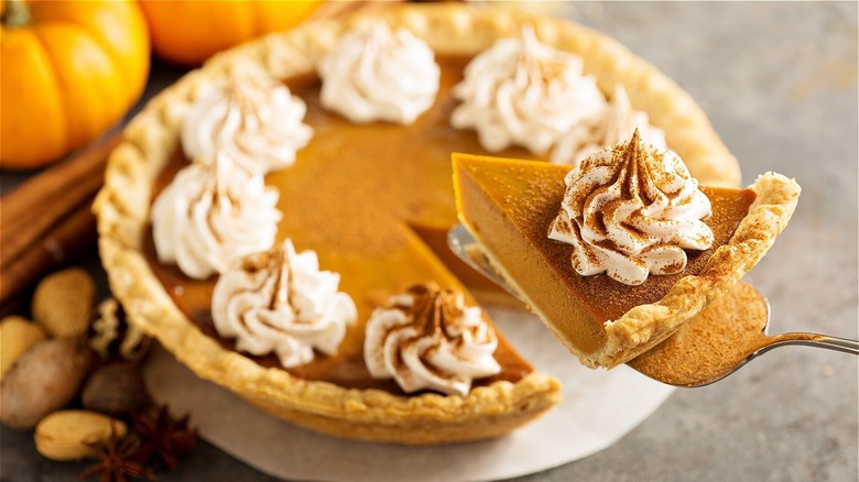 Slice of pumpkin pie with whipped cream