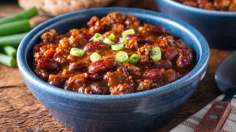 Chili in a blue bowl