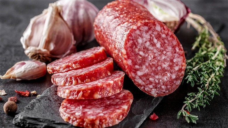 salami sliced thickly with garlic and herbs