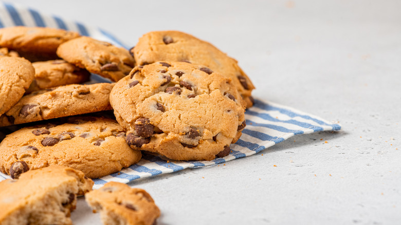 Chocolate chip cookies on blue gingham napkin