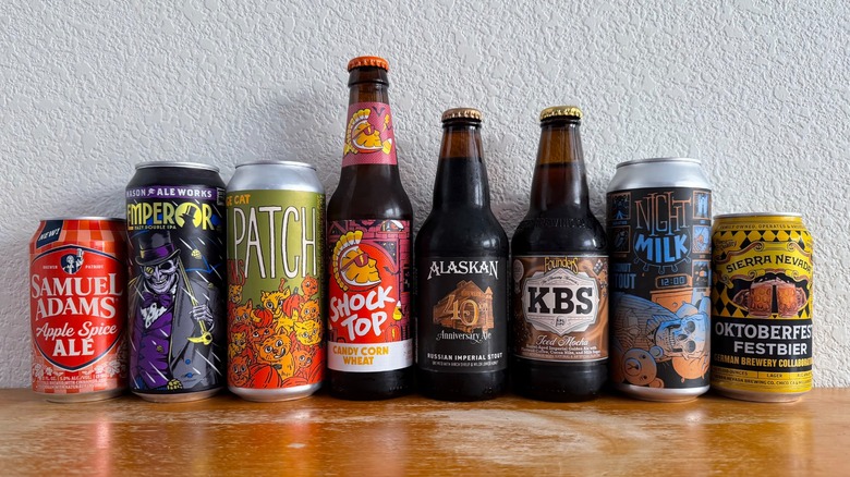Selection of fall beers from different breweries on kitchen table.