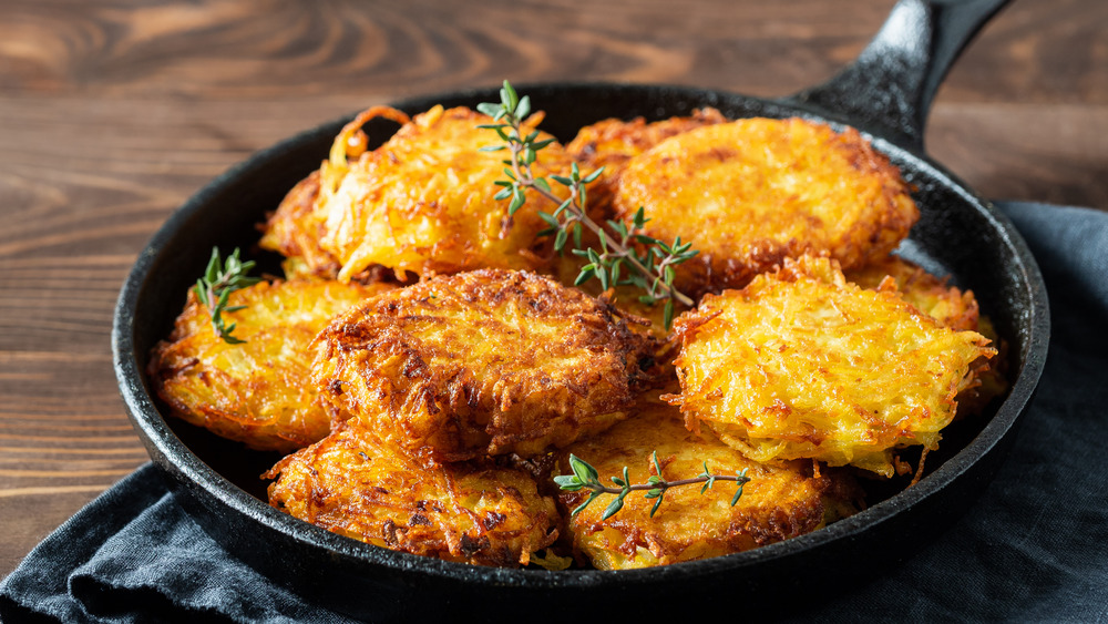 skillet filled with hash browns