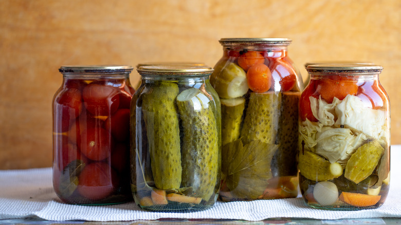 Various jars of pickled foods