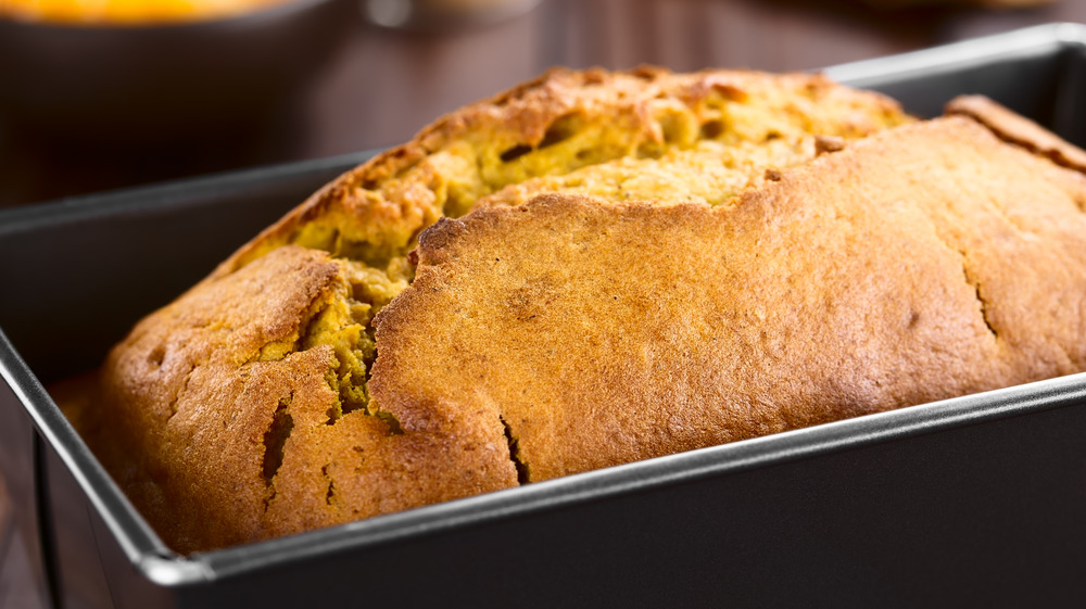 Loaf of pumpkin bread in pan