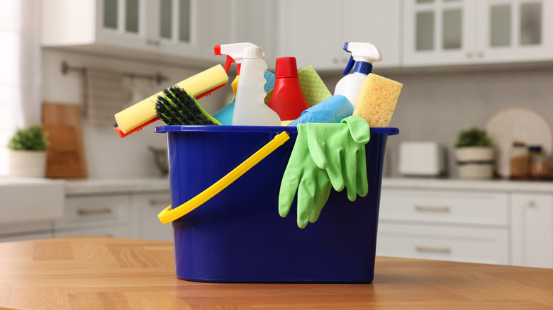 A cleaning caddy in the kitchen